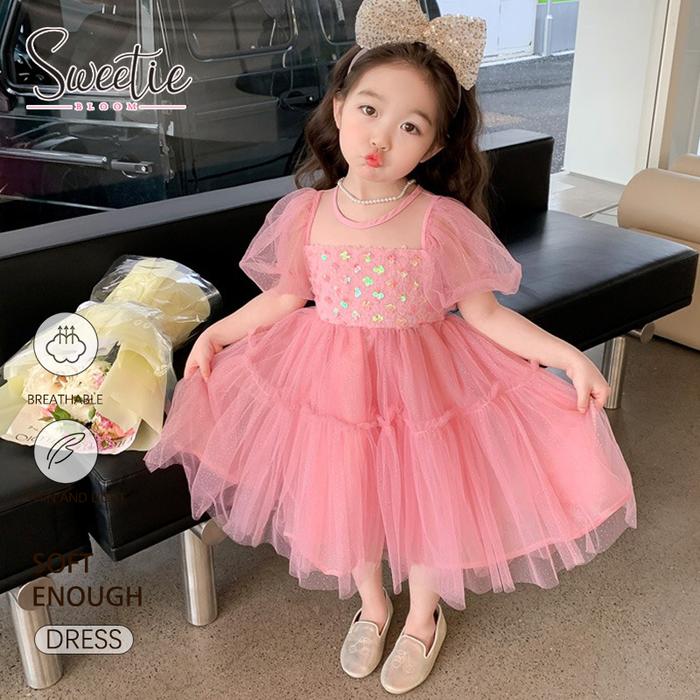 [Sweetie bloom] 2-9 tahun Gaun Pesta Anak Perempuan Pink Cerah Payet Kristal Lengan Gelembung Tulle 