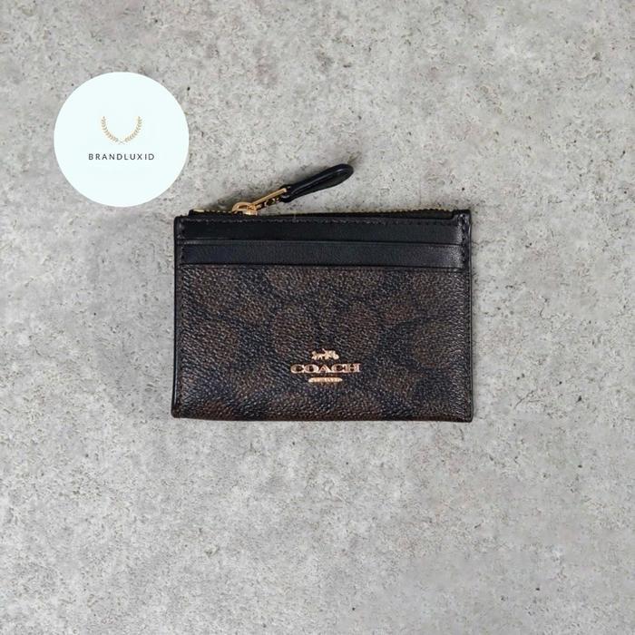Coach Monogram Dark brown GHW Zip Card Holder in Black
