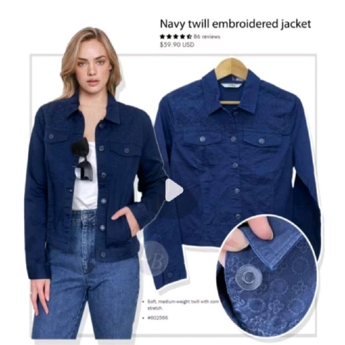 Essentials by Tchibo – Cargo Jacket Navy Wanita Atasan Blazer Cardigan Panjang Katun Bordir Motif Bi