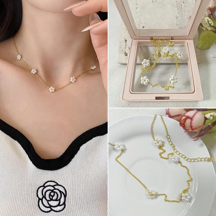 【BELI 1 SET GRATIS 1 CINCIN】Set Perhiasan Titanium Wanita Kalung Dan Gelang Bunga Putih Anti Luntur 