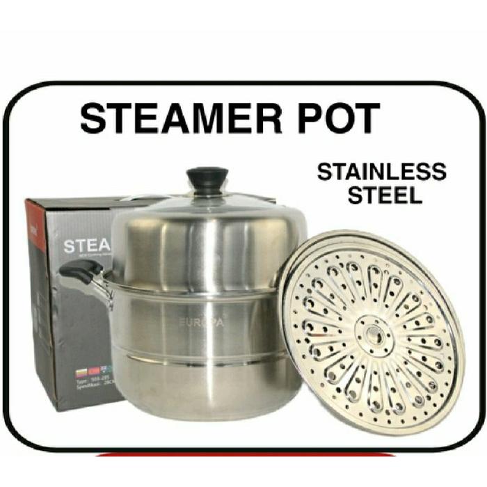 EUROPA STEAMER POT STAINLESS 32CM | PENGUKUS STAINLESS SERBAGUNA 32 CM TUTUP KACA