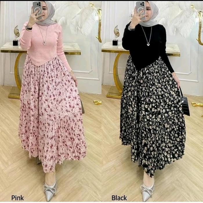 gamis rajut import plisket bunga + rajut kekinian