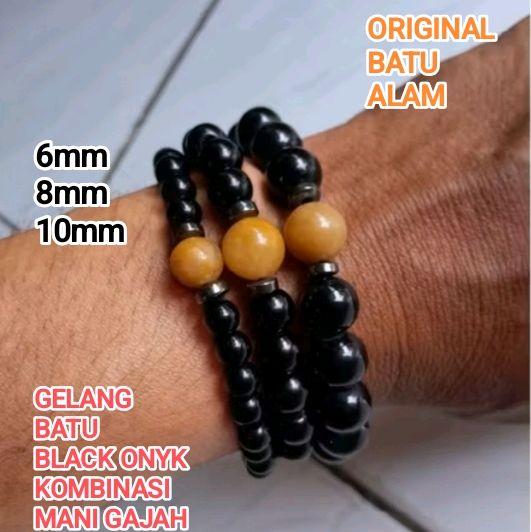 GELANG ELASTIS BATU BLACK ONYK KOMBINASI BATU MANI GAJAH ORIGINAL NATURAL DIJAMIN BATU ALAM ASLI