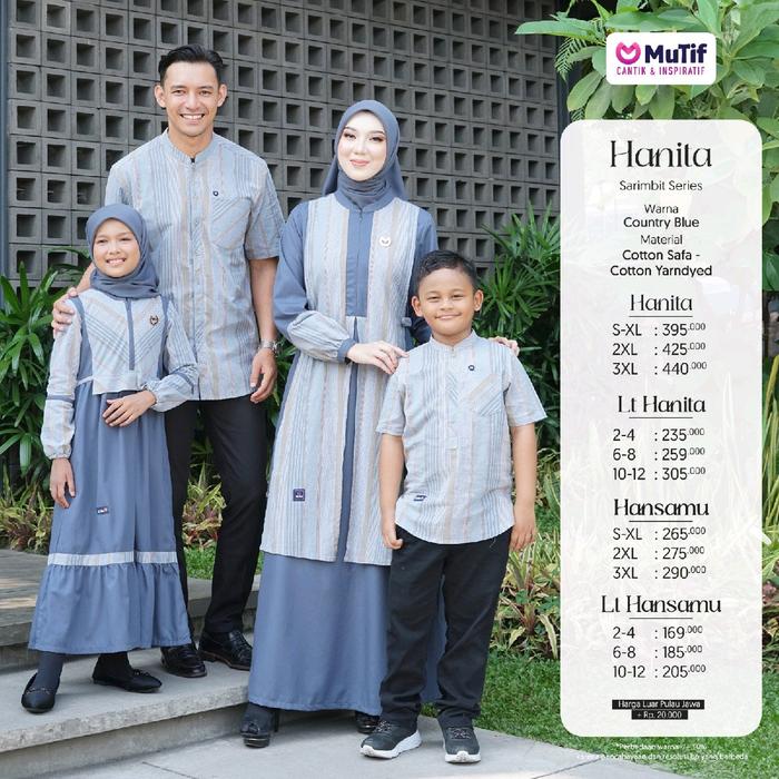 Sarimbit Mutif 2025 Hanita & Hansamu Country Blue Couple Keluarga Baju Lebara 2025 Gamis Dewasa Koko