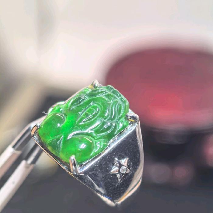 giok jadeite feicui tipeA cincin cowok ikatan perak s925 ukiran pixiu