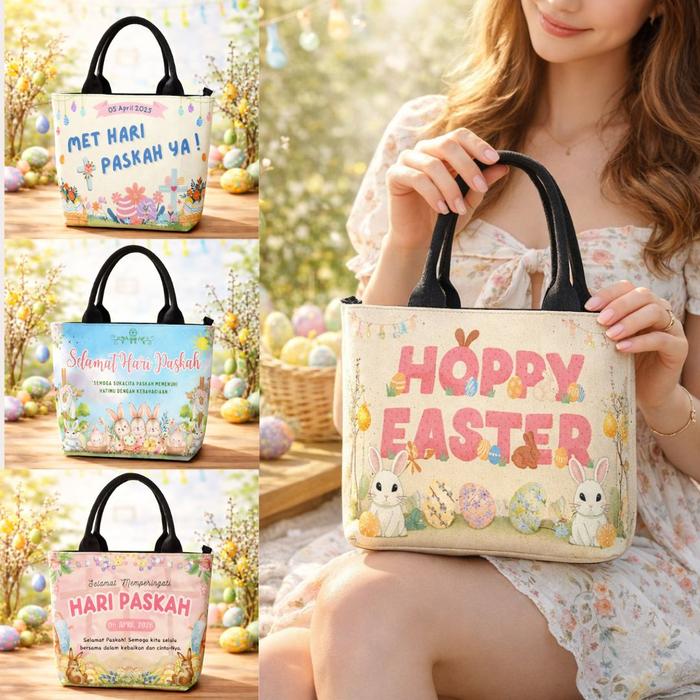Tas Hampers Totebag Model Tenteng Jinjing Paskah Kelinci Happy Easter | Souvenir Paskah Keluarga