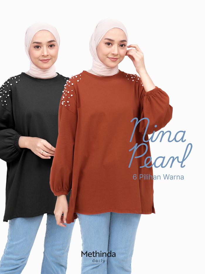 Nina Pearl | Kaos aksen manik mutiara | Kaos Dewasa Lengan Panjang dengan manik mutiara | 100% Cotto