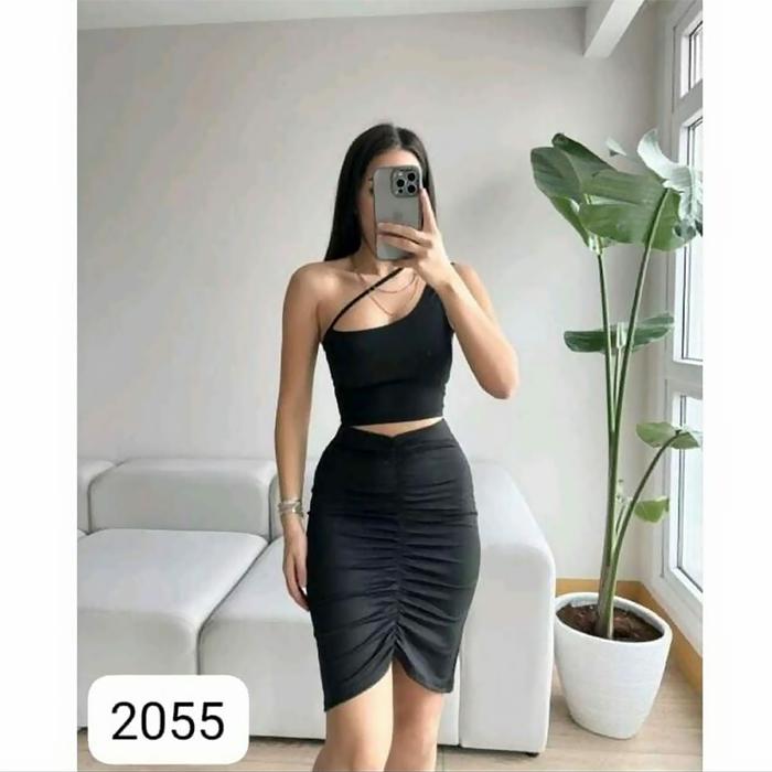 2055 Setelan Bawahan Rok Mini Atasan Oneshoulder String Tali - Baju Cewek Sexy LC Nyanyi Wanita Dewa