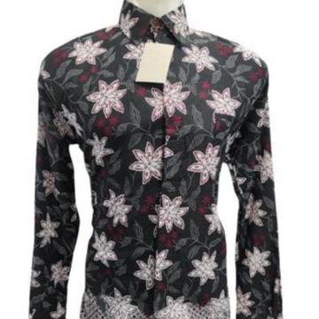 Kemeja Batik Pria Lengan Panjang Hem Panjang Hitam Motif Bunga Batik Jumbo