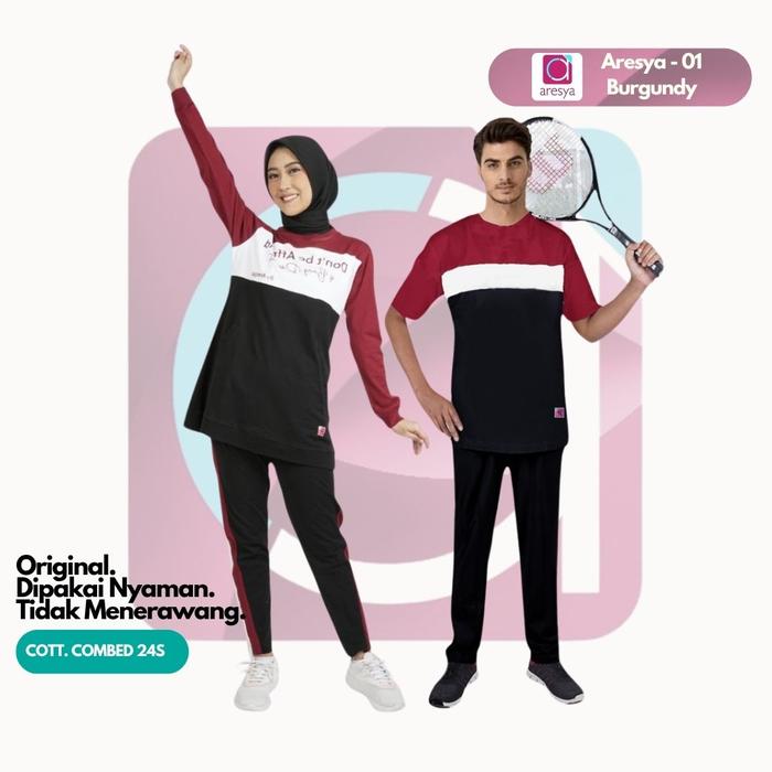 Aresya Setelan Baju Olahraga Couple Pria Wanita Sporty Aresya-01 Burgundy Bahan Cotton Combed 24's S