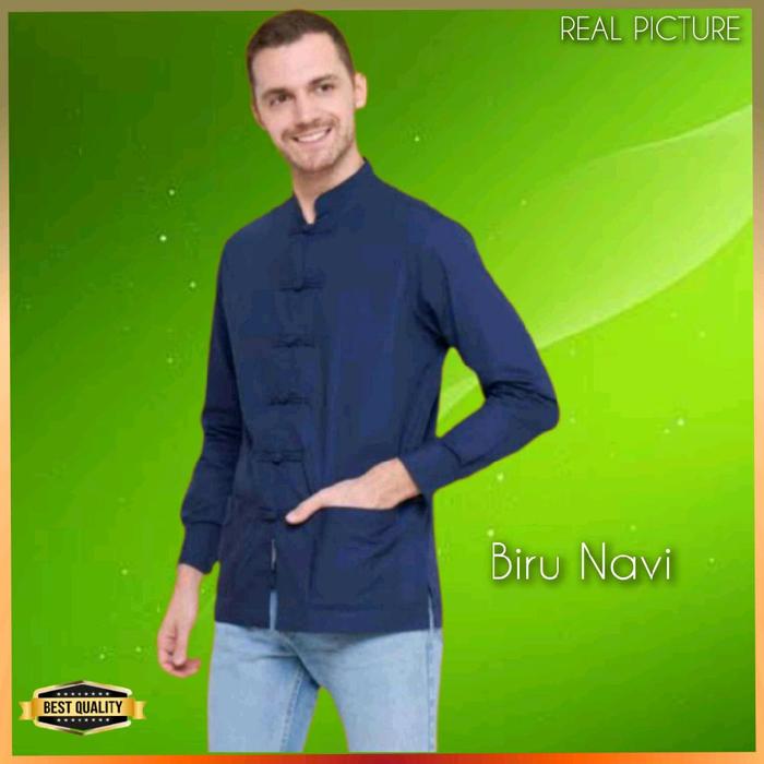 Baju Atasan Tradisional Cina Cheongsam Pria Kemeja Imlek Modern Biru Navi