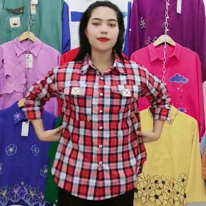 0073 L XL JUMBO 3XL kemeja katun salur kotak silang belkang gstyle lubana bordir kantong dan blkg