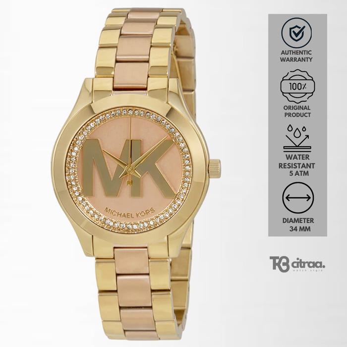 Jam Tangan Wanita Michael Kors Mini Slim Two Tone Stainless Steel Mewah Casual Original MK3650