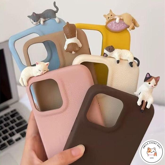 Casing Ponsel Warna Solid Boneka Kucing 3D Yang Lucu Dan Menggemaskan Case Kompatibel Untuk IPhone 1