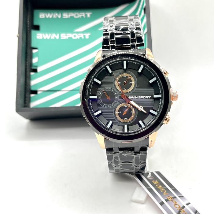 Jam Tangan Pria Bwin Sport Rantai Stainless Steel Tanggal Aktif Analog Mewah Warna Roseblack Jam Cow
