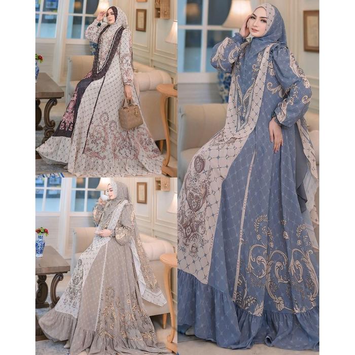 Gamis Set Hijab Printing Premium Elegan Seri Al Mahra Yodizein Syari
