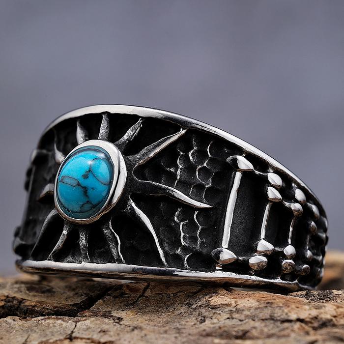Perak Hitam Hitam Matahari Totem Cincin Pria Cincin Pria Vintage Manik-manik Pirus Pirus Punk Hip Ho