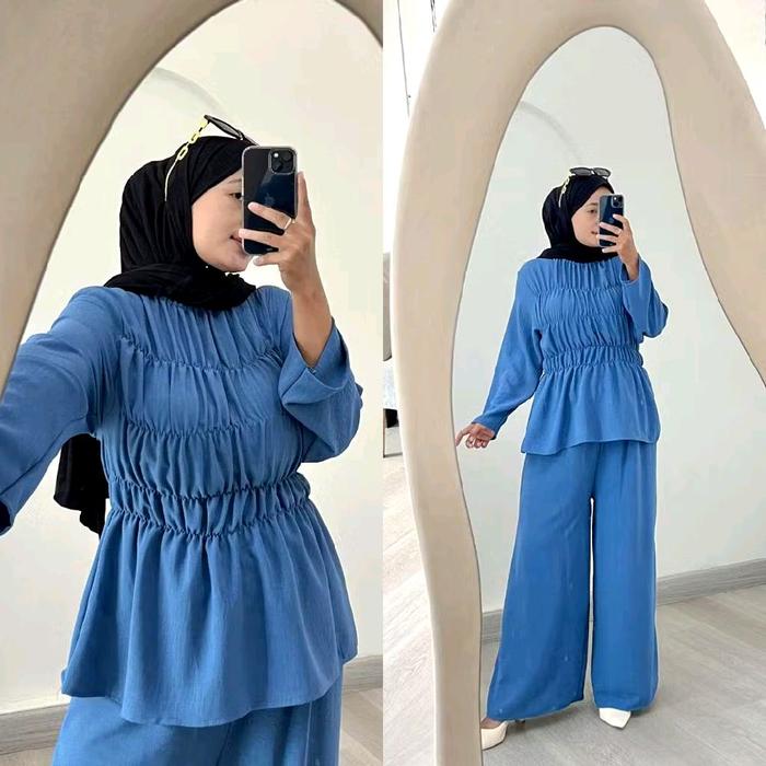 BASMA SET SMOKE POLOS CRINKLE AIRFLOW LD 110 / SETELAN WANITA VIRAL / ONE SET WANITA TERBARU KEKINIA