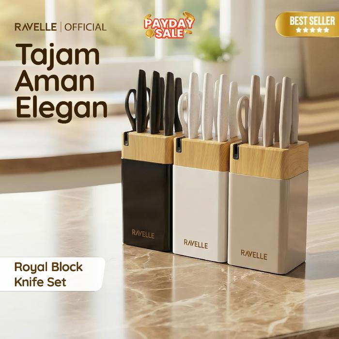 RAVELLE - Royal Block Knife Set 7IN1 Pisau Dapur Anti Lengket Stainless Steel, Knife Block, Gunting