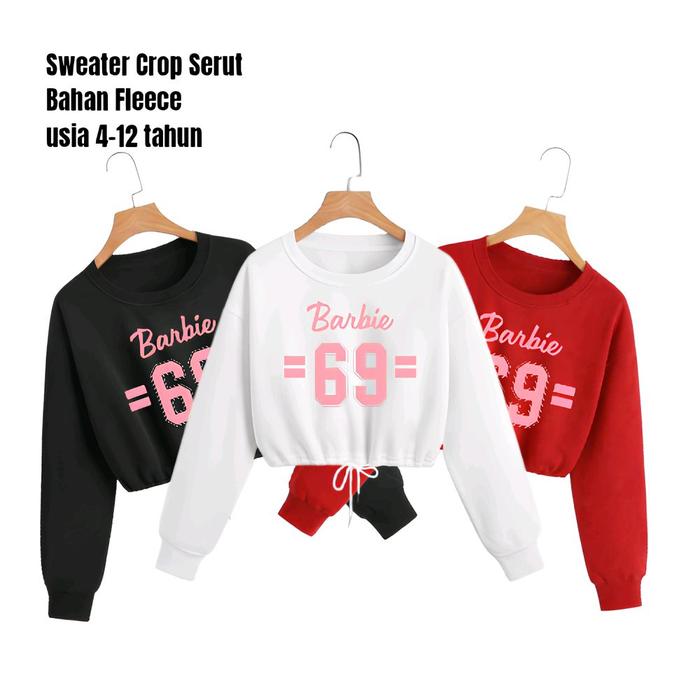 Baju Sweater Crewneck Tali Serut Bawah Motif Barbie 69 Model Crop Top Fashion Anak Perempuan Trendy 