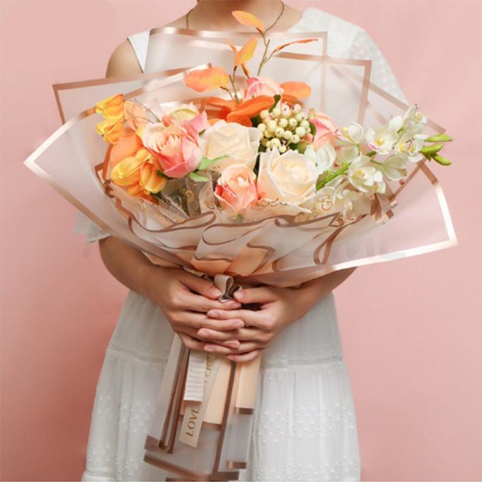 20 Lembar Flower Wrapping/Gold Frame Transparan Premium Paper/Gold Frame Transparent Cellophane Flow