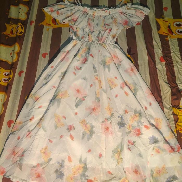 baju dres wanita baju dres lucu cantik sifon tali satu sabrina karet pinggang bunga bunga salur katu