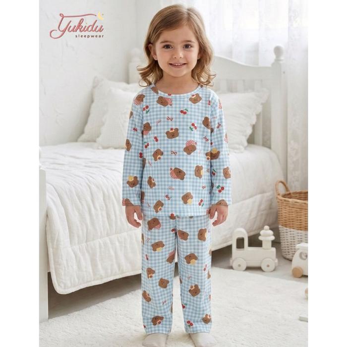 Yukidu Sleepwear Setelan Piyama Kids Bear Kotak Blue Bamboo Organik