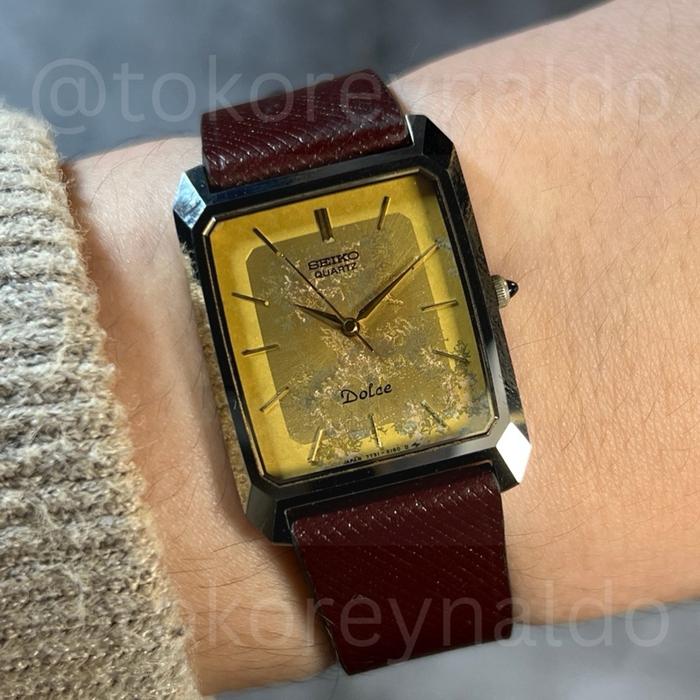 JAM TANGAN VINTAGE 1980’s SEIKO DOLCE 7731-5150 RECTANGULAR TANK TUNGSTEN G0LD CHAMPANGE DIAL WITH B
