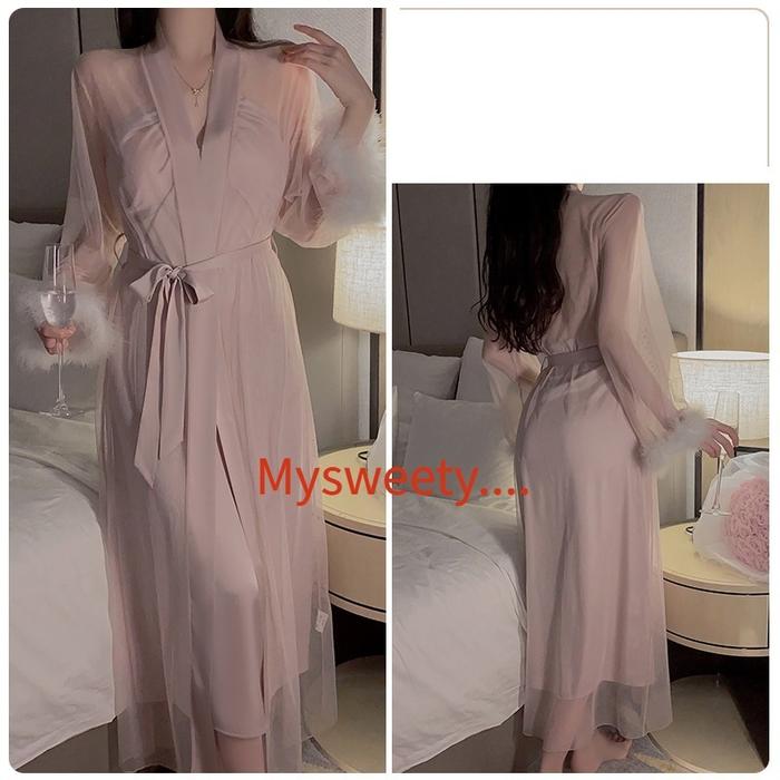SatuSet Long Dress Kimono Baju Tidur Sexy Lingerie Wanita   LL17SET