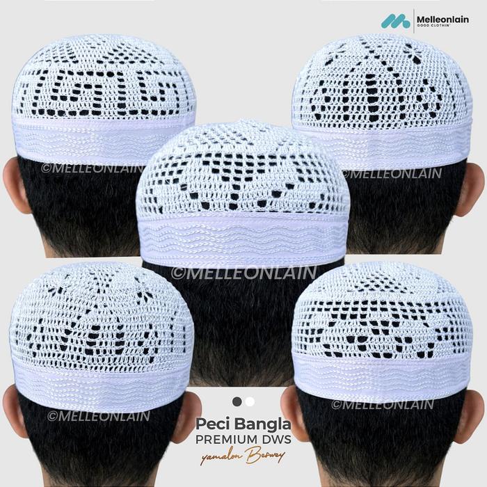 Peci BANGLA PREMIUM Kopiah Saudi Rajut Bangladesh Putih Songkok Arab Kain Bordir Santri