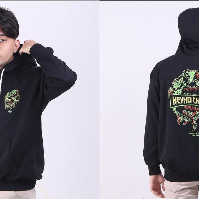 Heyho Chino Jaket Hoodie Hitam dengan Desain Naga Hijau dan Logo Khas untuk Gaya Santai