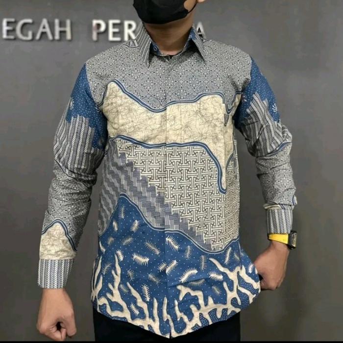 BWS kemeja batik Slimfit motif NEW DENIM CREAM full furing katun Baju Kain