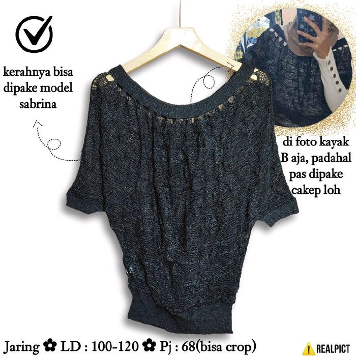 Rajut Sabrina Size M L Hitam Blink Glitter Cantik Timbul Jaring Knit Kenit Terawang Lace Blouse Blus