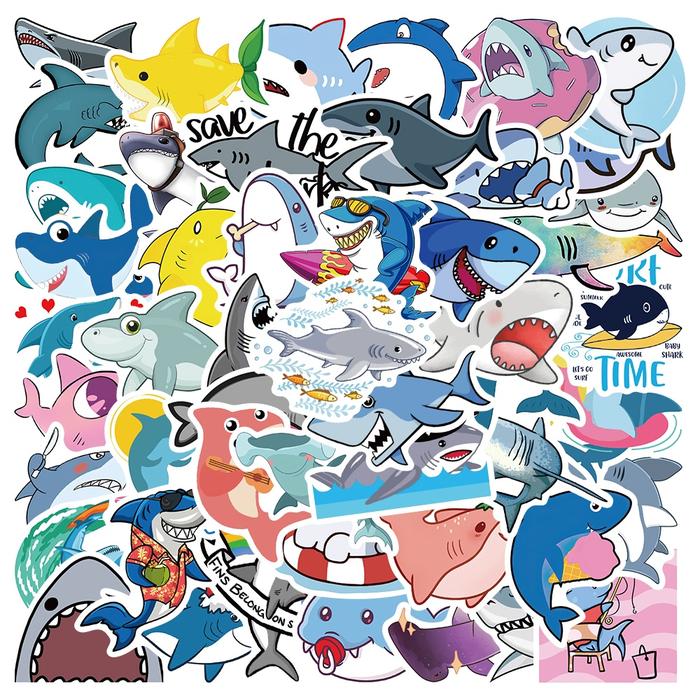[50PCS]Stiker Lucu Kartun Hiu Stiker Anak Decal Vinyl Stiker Anti Air - Sticker Aesthetic Buku Journ