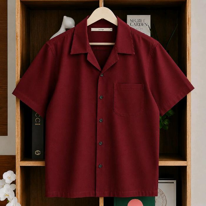 Kemeja Hawai Vintage Polos TOYOBO FODU Lengan Pendek Pria Wanita Hem Cowok V-neck Hijau Emerald Katu