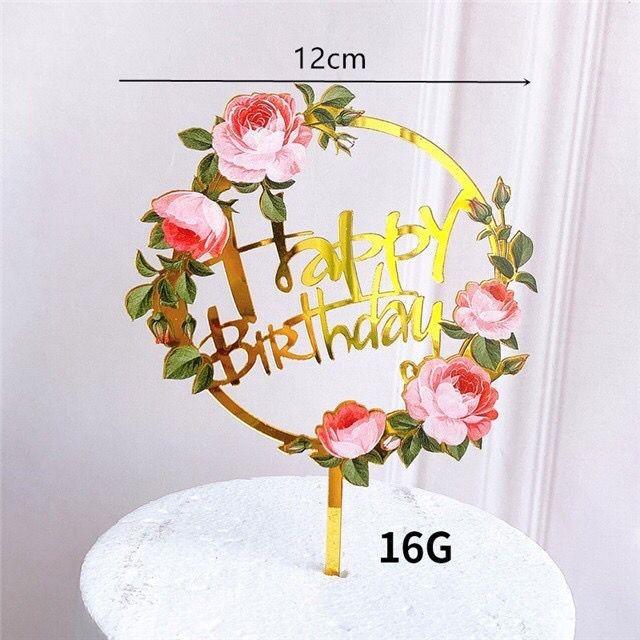 Topper Kue Ulang Tahun Hiasan Kue Tulisan Happy Birthday Bunga Akrilic