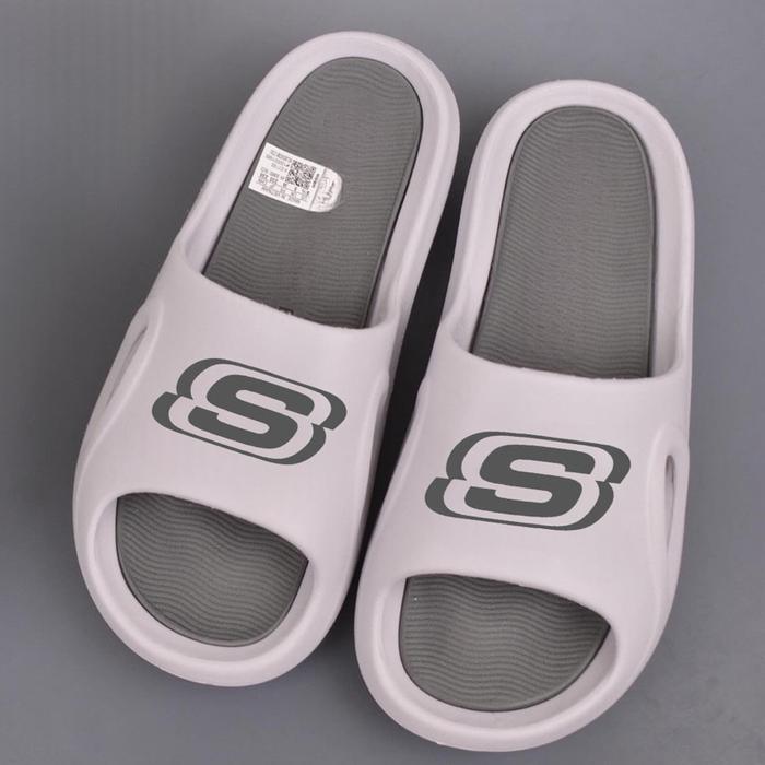 SANDAL SKECHERS WHITE GREY PRIA ORIGINAL SENDAL SELOP COWO SKECHER TERBARU