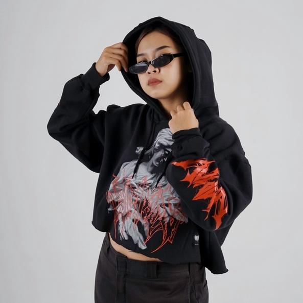 Vampire Kingdom Crop Boxy Hoodie Distro Pria Wanita Metal Hector Fleece Hitam Unisex