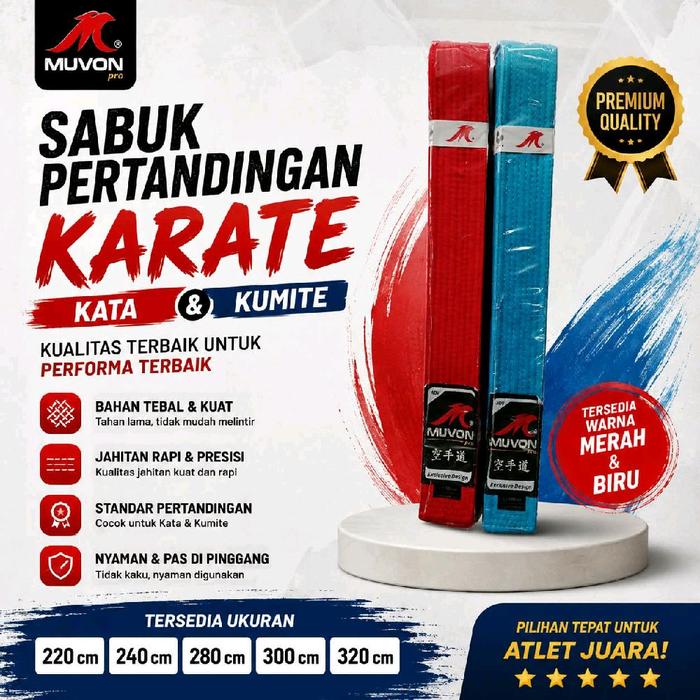 MUVON Sabuk Pertandingan Karate PRO Series Biru & Merah KUMITE & KATA Bahan Berkualitas Size 2-6 240