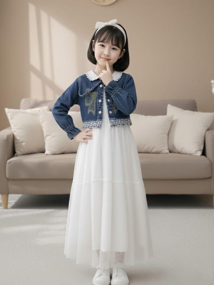 Aurel Gamis Rompi Jeans Usia Anak 2-10 Tahun Bahan Jeans Mix Brukat Motif Manik - Manik Pita Viral K