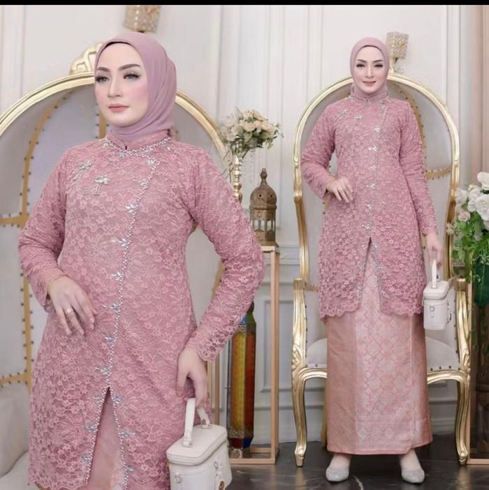 Kebaya tunik brokat model janggan kerah sanghai kombinasi payet mutiara rok songket mewah murah / SE