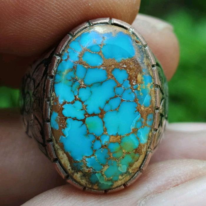Batu Pirus Persia Biru Gradasi Tajam Urat Emas Karakter Urat Kura Ceplok Indah Dim-21 Ring Perak Han