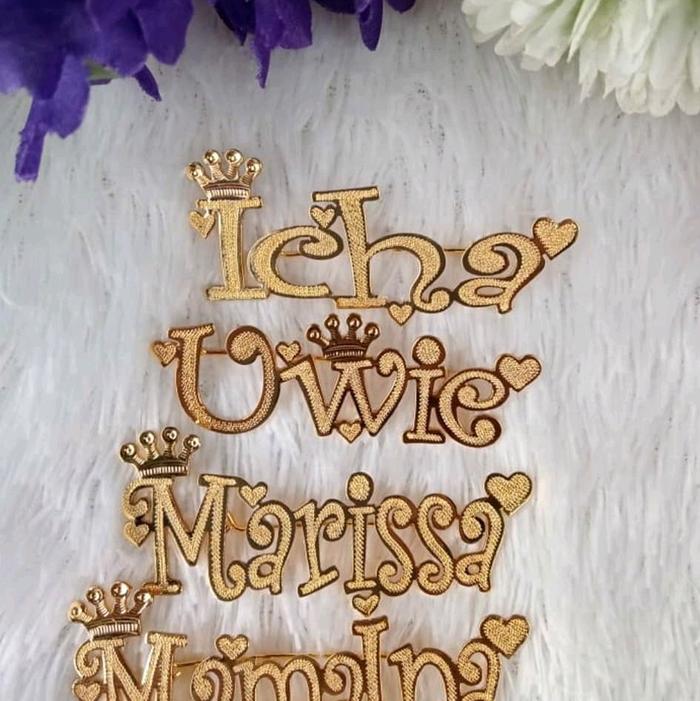pin nama custom ukir nama kamu anti karat gold lapis emas Clips Silver Putih Besi