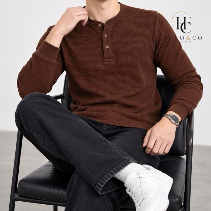 Kaos Henley Lengan Panjang Pria Waffle Knit / Long Sleeve Wafer Kancing Premium / Sweater hunley uni