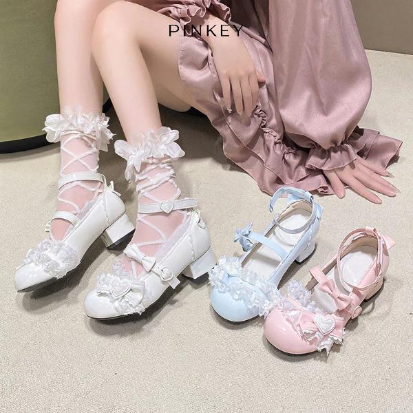 PINKEY P417 Mary Jane Lolita Pastel – Sepatu Hak Rendah Pita & Renda Kawaii Pink/Putih/Biru