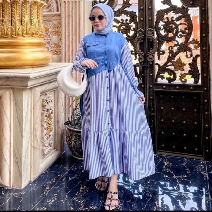 Midi Dress Aleya Salur Bahan jeans mix Katun Salur Kancing Depan Busui