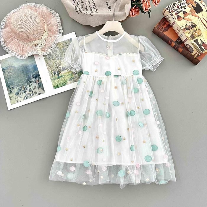 CH013 Dress Anak Perempuan – Gaun Tile Polkadot Warna Pastel, Lengan Puff Transparan Lucu