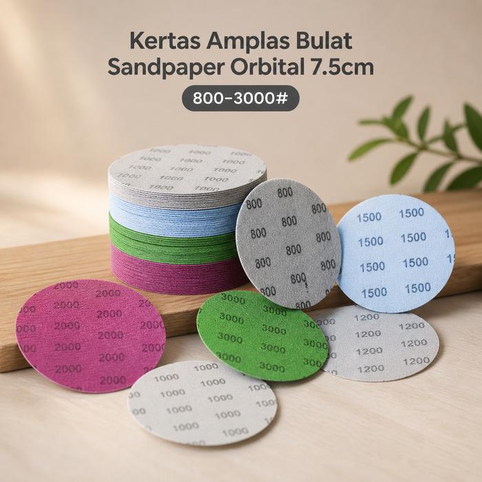 MutiaraMall - Amplas Bulat Orbital 30 PCS | Sandpaper 7.5cm 800-3000 | Aksesori Poles Amplas