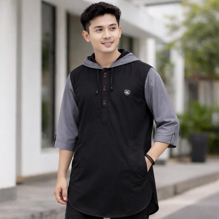 Kurta Hoodie Koko Milenial | Katun Toyobo Hitam Abu Baju muslim Pria Dewasa