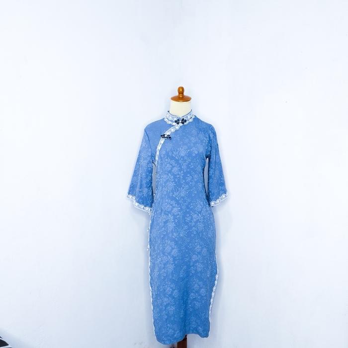 14 - Dress Cheongsam Biru Qipao Brokat / Dress Import / Dress Cina / Dress Sangjit / Dress China / M